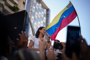 Venezuelan opposition leader MarĂa Corina Machado speaks to supporters during a demonstration in Caracas in Jan. 2024. Infringing the Barbados Accord, Maduroâs regime is choosing to live in poverty. The opposition faces a difficult decision of its own.